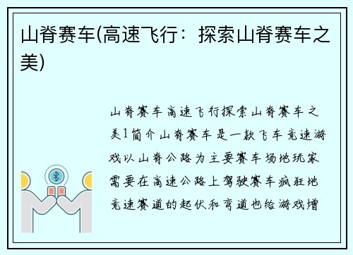 山脊赛车(高速飞行：探索山脊赛车之美)